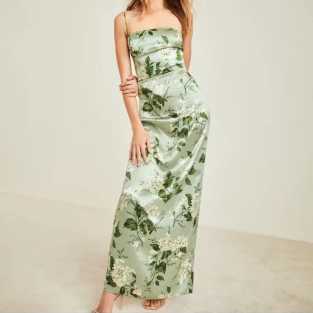 Reformation Frankie Silk Dress in Tea Garden Green Floral Maxi